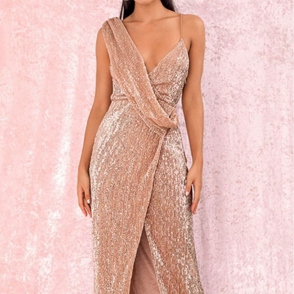 Women Spring Summer Gold Sequin One Shoulder Mermaid Evening Dress Banquet Gown